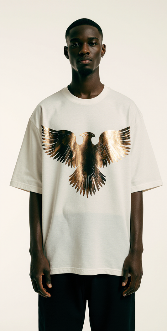 Oversized White T-Shirt "Fly Above All" – Golden Eagle Streetwear Graphic Tee