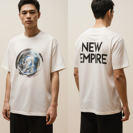 Oversized White T-Shirt "New Empire" – Streetwear Graphic Tee with Holographic Coin Design
