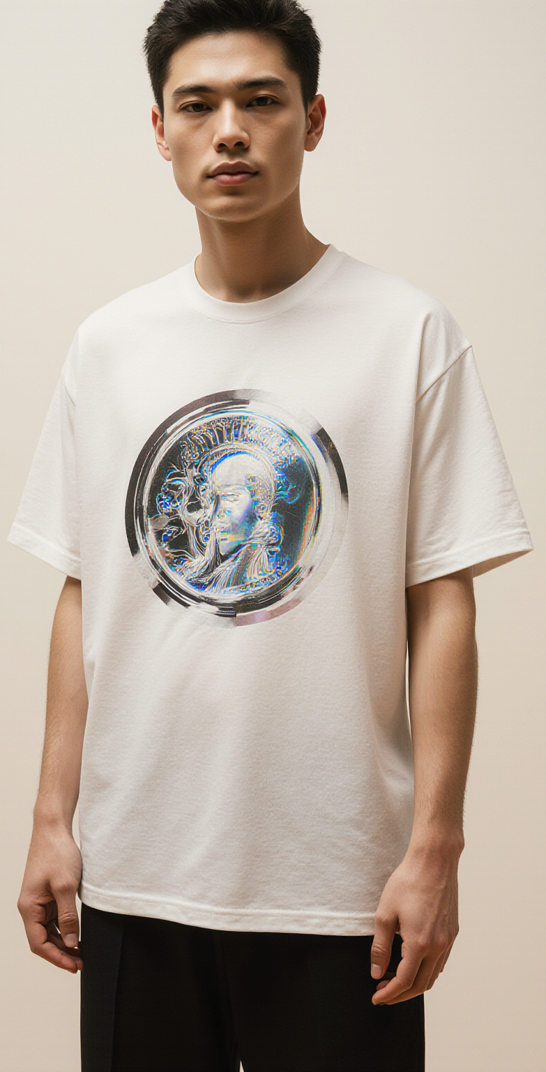 Oversized White T-Shirt "New Empire" – Streetwear Graphic Tee with Holographic Coin Design