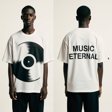 Oversized White T-Shirt "Music Eternal" – Streetwear Graphic Tee with Vinyl Record Print for Music Lovers