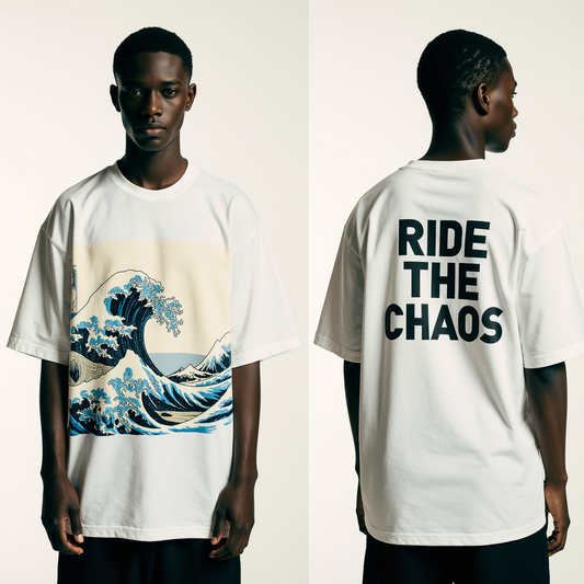 Men’s Oversized White T-Shirt – “RIDE THE CHAOS” Wave Print Graphic Tee