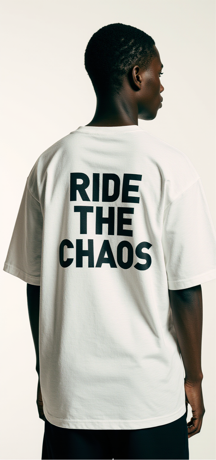 Men’s Oversized White T-Shirt – “RIDE THE CHAOS” Wave Print Graphic Tee