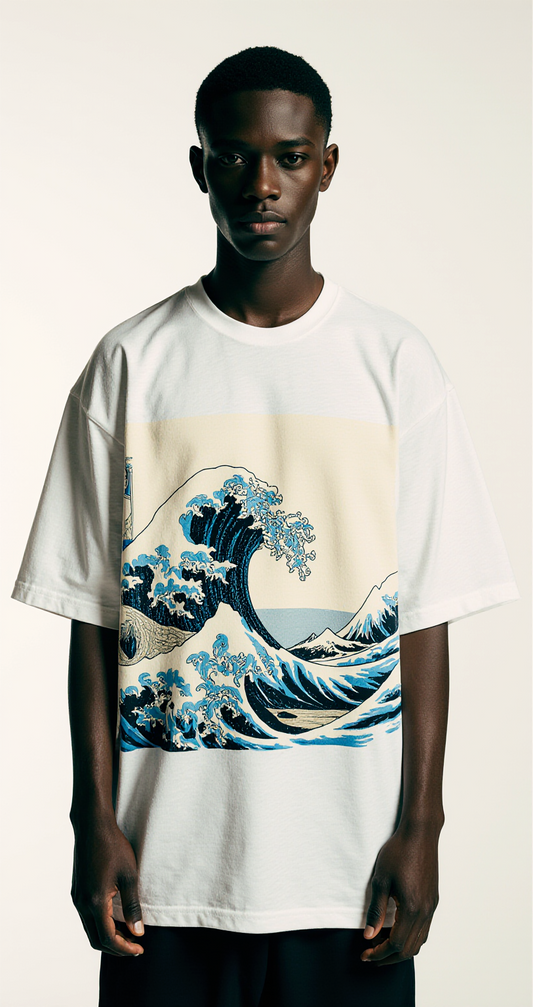 Men’s Oversized White T-Shirt – “RIDE THE CHAOS” Wave Print Graphic Tee