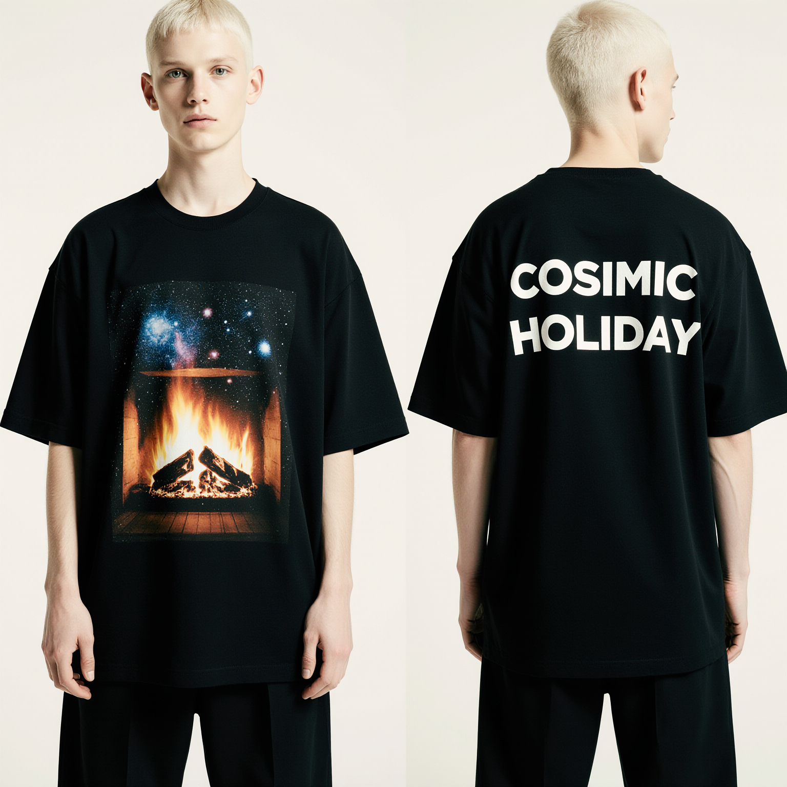 Cosmic Holiday Oversized Christmas T-Shirt – Limited Edition Fireplace & Galaxy Graphic Streetwear Tee