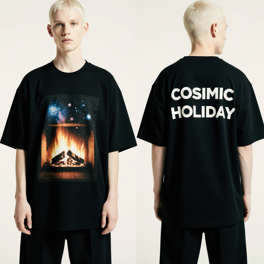 Cosmic Holiday Oversized Christmas T-Shirt – Limited Edition Fireplace & Galaxy Graphic Streetwear Tee