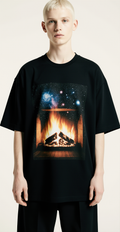 Cosmic Holiday Oversized Christmas T-Shirt – Limited Edition Fireplace & Galaxy Graphic Streetwear Tee