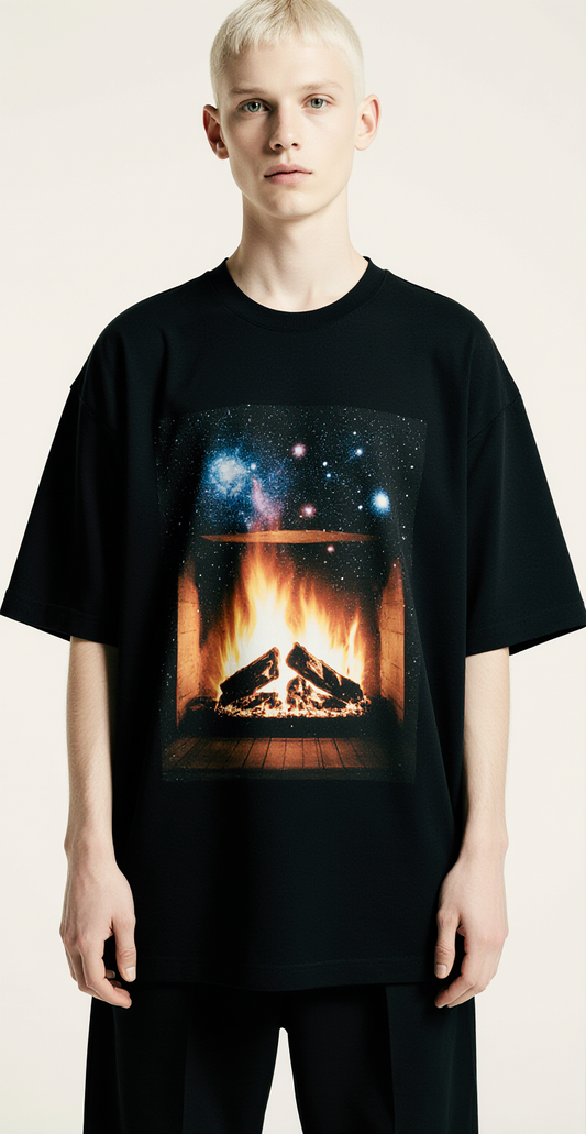 Cosmic Holiday Oversized Christmas T-Shirt – Limited Edition Fireplace & Galaxy Graphic Streetwear Tee