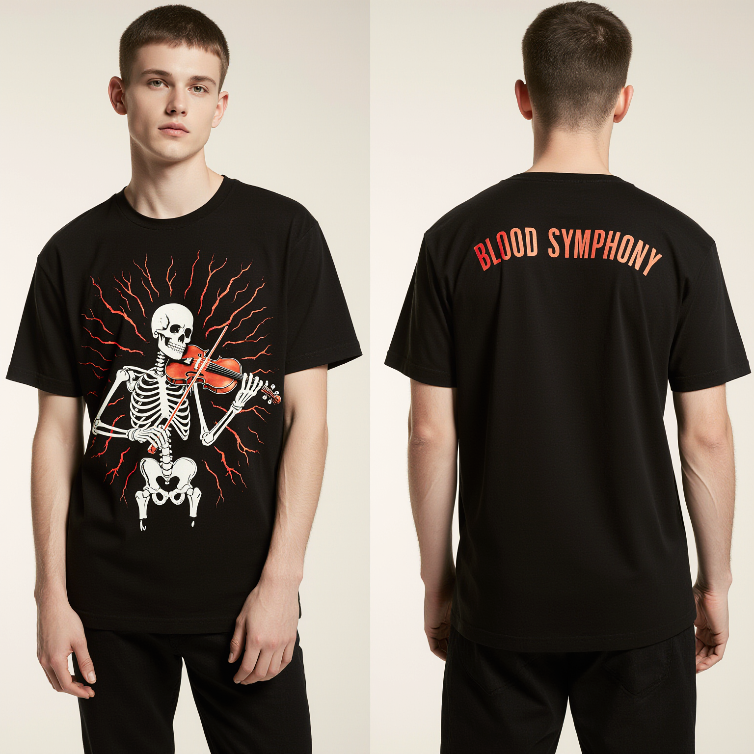 Blood Symphony Oversized Halloween T-Shirt – Skeleton Violin Graphic Streetwear Tee