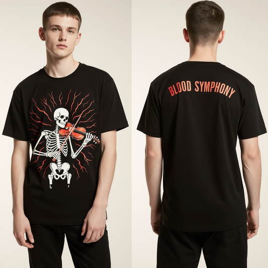 Blood Symphony Oversized Halloween T-Shirt – Skeleton Violin Graphic Streetwear Tee