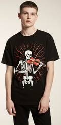 Blood Symphony Oversized Halloween T-Shirt – Skeleton Violin Graphic Streetwear Tee
