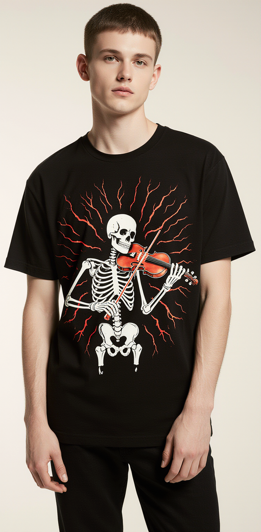 Blood Symphony Oversized Halloween T-Shirt – Skeleton Violin Graphic Streetwear Tee