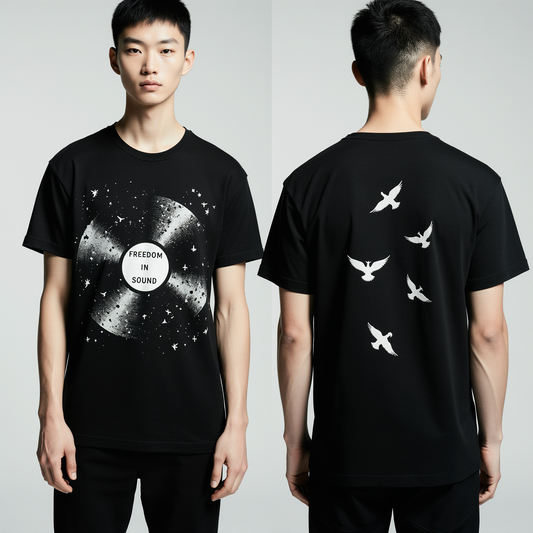 Oversized Black T-Shirt for Men – Vinyl Record & Birds Graphic – Streetwear "Freedom in Sound"