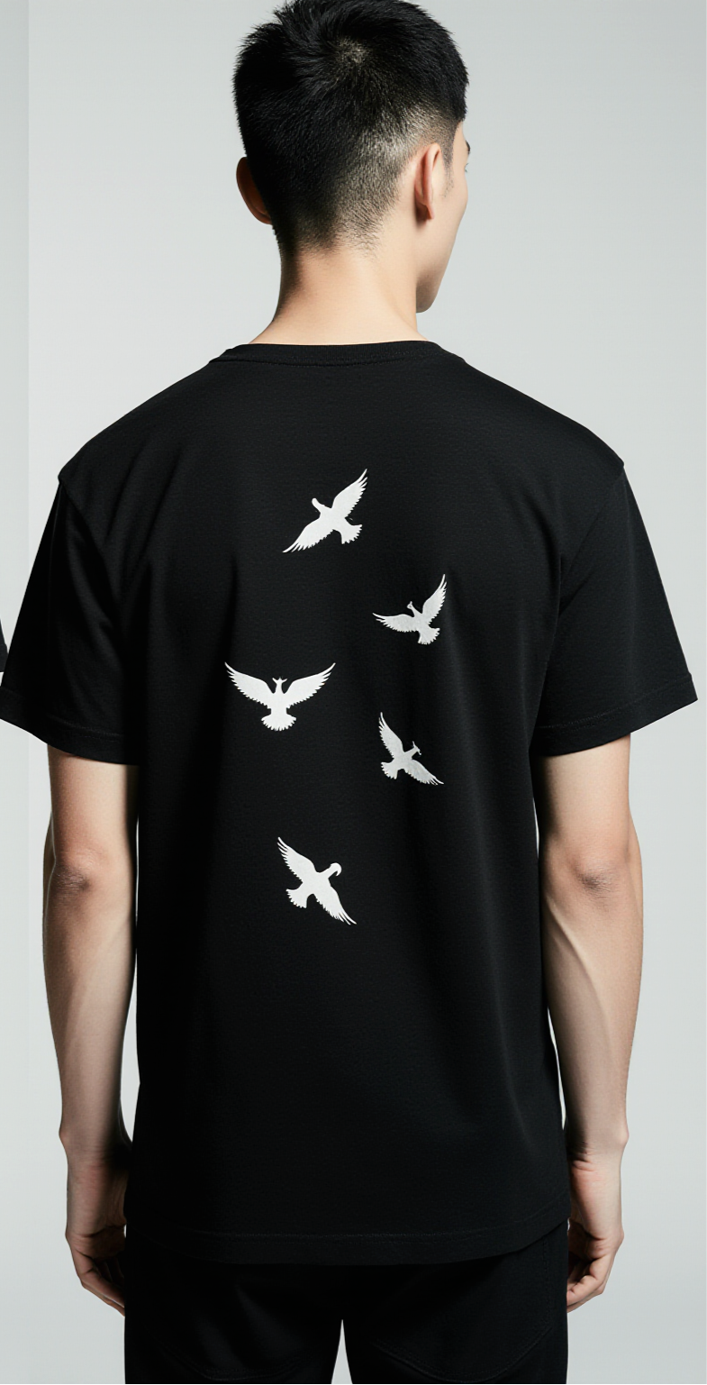 Oversized Black T-Shirt for Men – Vinyl Record & Birds Graphic – Streetwear "Freedom in Sound"