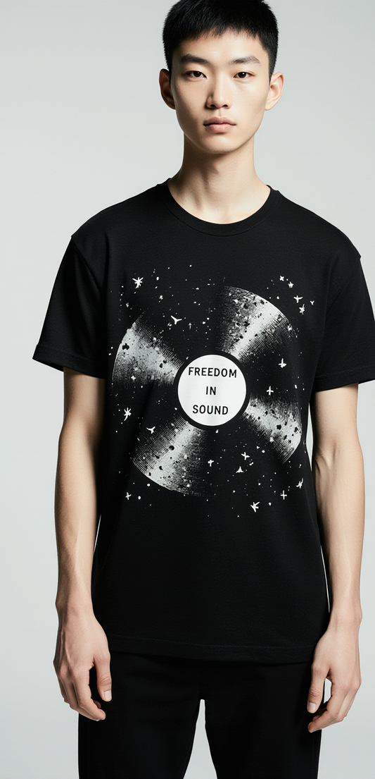 Oversized Black T-Shirt for Men – Vinyl Record & Birds Graphic – Streetwear "Freedom in Sound"