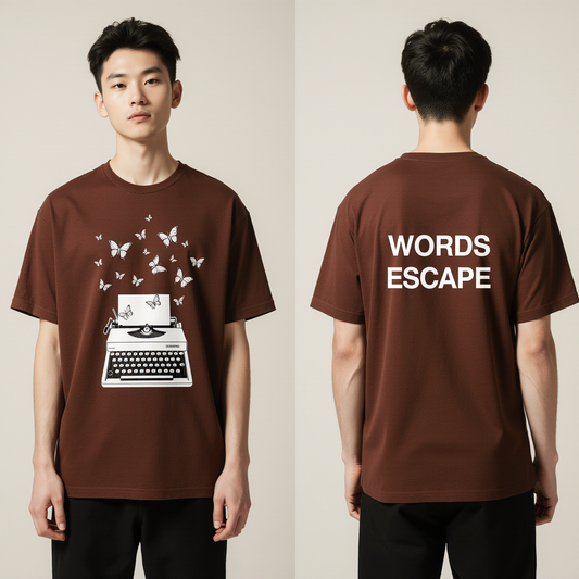 Oversized Brown T-Shirt for Men – Typewriter & Butterflies Graphic – Streetwear "Words Escape"
