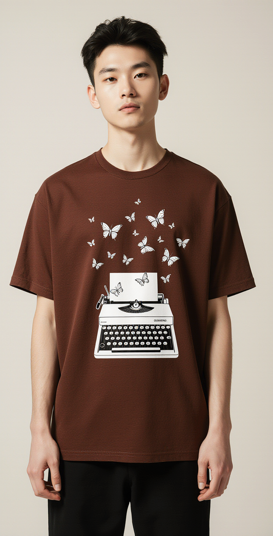 Oversized Brown T-Shirt for Men – Typewriter & Butterflies Graphic – Streetwear "Words Escape"