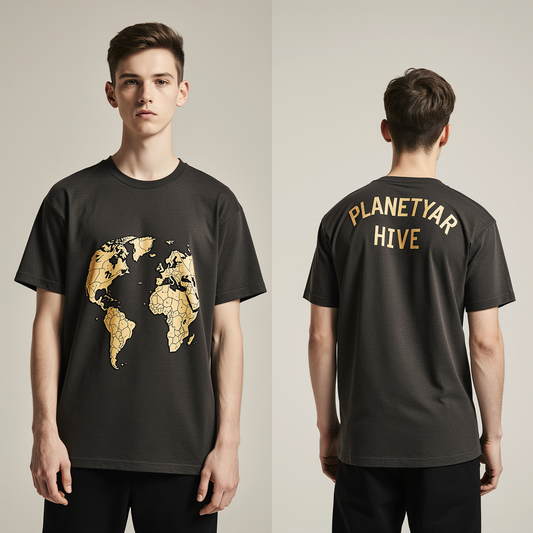 Oversized Charcoal T-Shirt for Men – World Map Honeycomb Graphic – Streetwear "Planetary Hive"