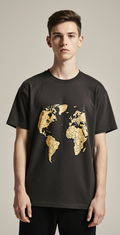 Oversized Charcoal T-Shirt for Men – World Map Honeycomb Graphic – Streetwear 
