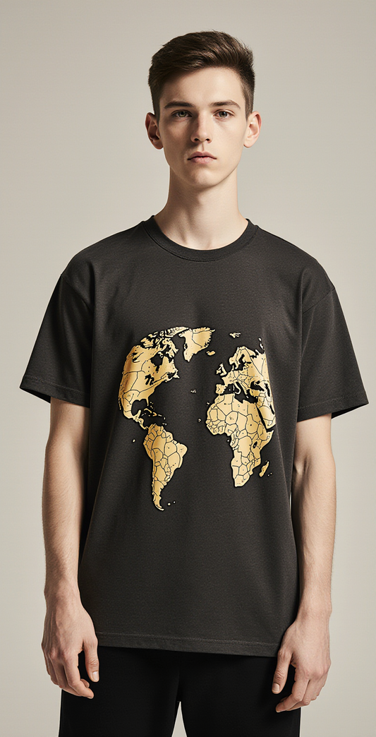 Oversized Charcoal T-Shirt for Men – World Map Honeycomb Graphic – Streetwear "Planetary Hive"