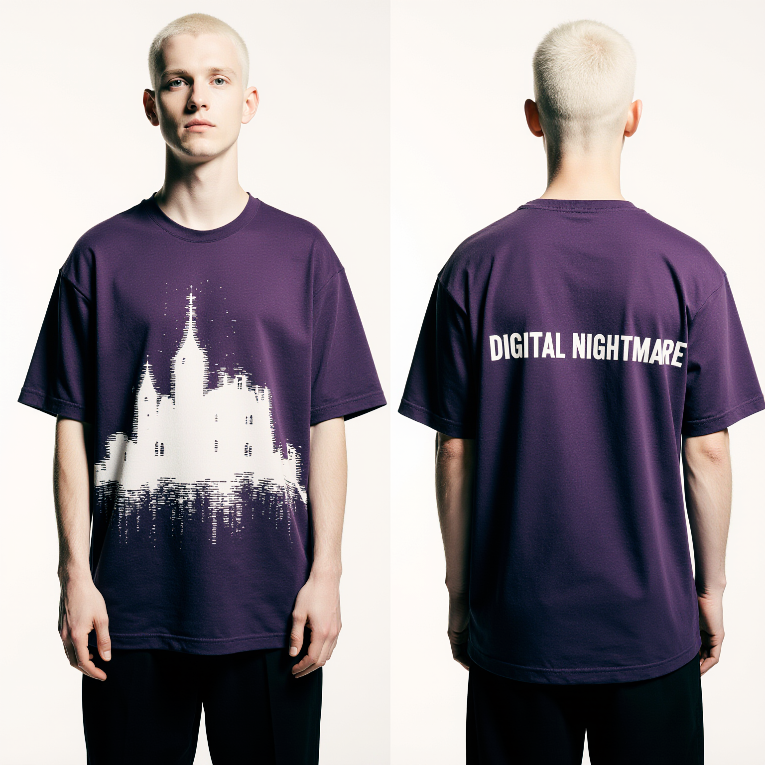 Digital Nightmare Oversized Halloween T-Shirt – Purple Haunted Castle Glitch Streetwear Tee