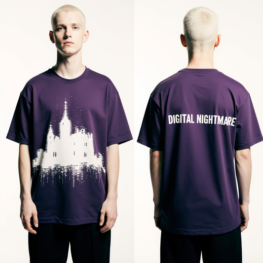 Digital Nightmare Oversized Halloween T-Shirt – Purple Haunted Castle Glitch Streetwear Tee