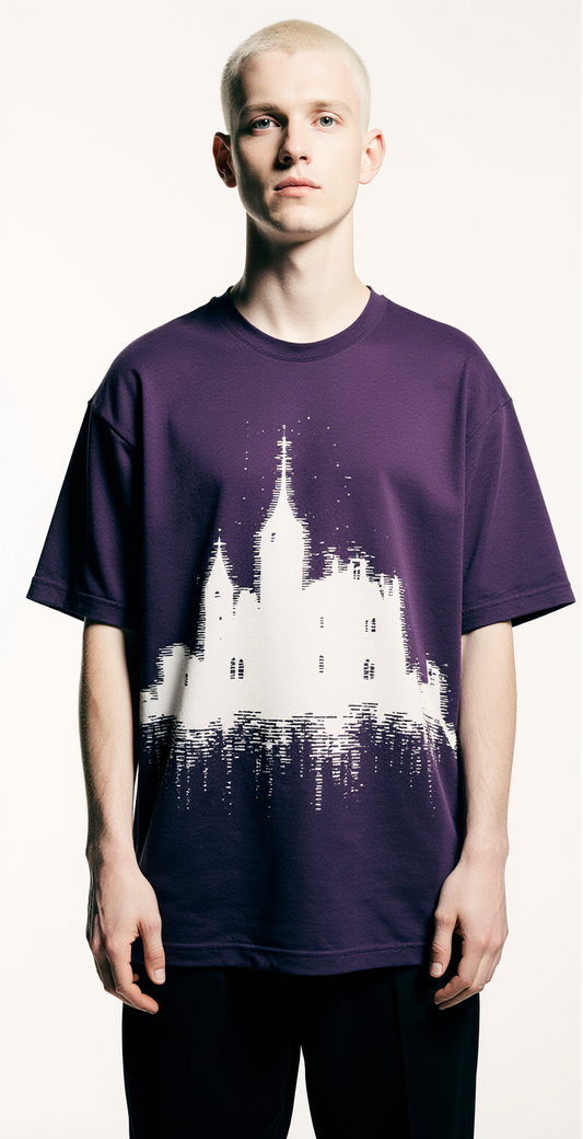 Digital Nightmare Oversized Halloween T-Shirt – Purple Haunted Castle Glitch Streetwear Tee