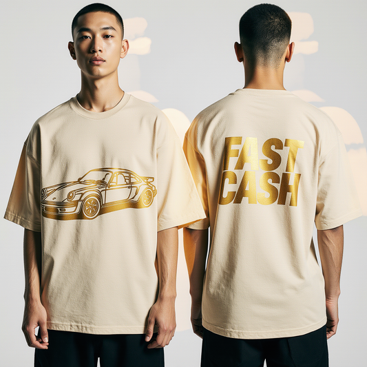 Oversized Beige T-Shirt – Gold Car Print & FAST CASH Graphic | Luxury Streetwear Tee