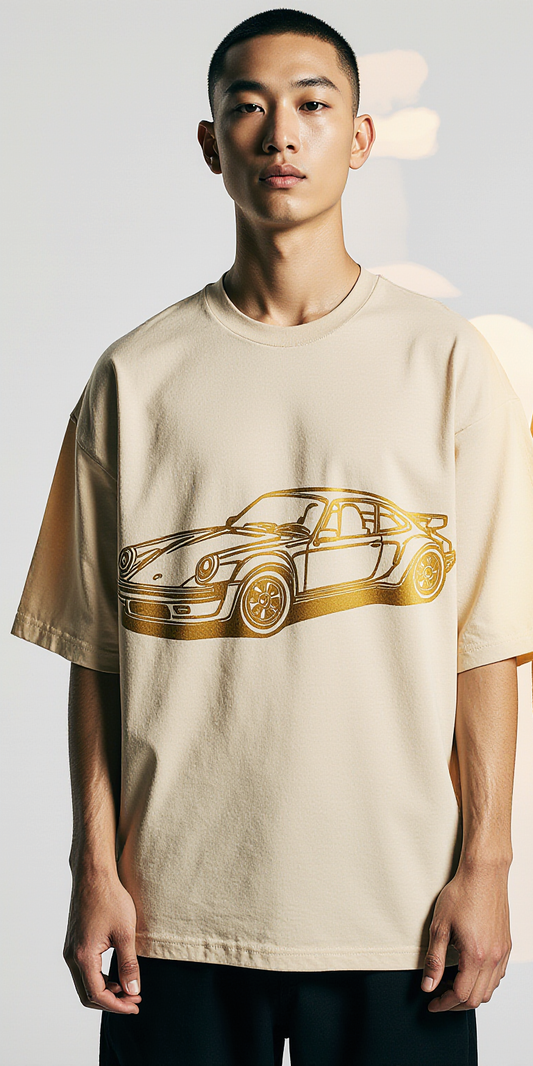 Oversized Beige T-Shirt – Gold Car Print & FAST CASH Graphic | Luxury Streetwear Tee