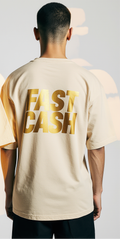 Oversized Beige T-Shirt – Gold Car Print & FAST CASH Graphic | Luxury Streetwear Tee