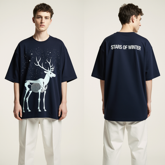 Stars of Winter Oversized Graphic T-Shirt – Limited Edition Skeleton Reindeer Streetwear Tee