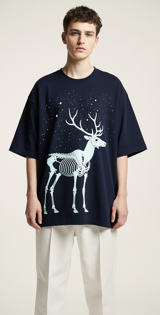 Stars of Winter Oversized Graphic T-Shirt – Limited Edition Skeleton Reindeer Streetwear Tee