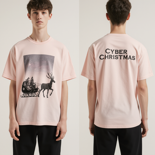 Cyber Christmas Oversized Holiday T-Shirt – Futuristic Santa Sleigh Graphic Streetwear Tee