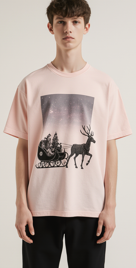 Cyber Christmas Oversized Holiday T-Shirt – Futuristic Santa Sleigh Graphic Streetwear Tee