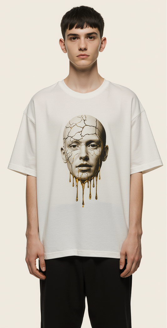Oversized White Graphic T-Shirt – Haunted Beauty Face Print – Streetwear Luxury Tee for Men & Women
