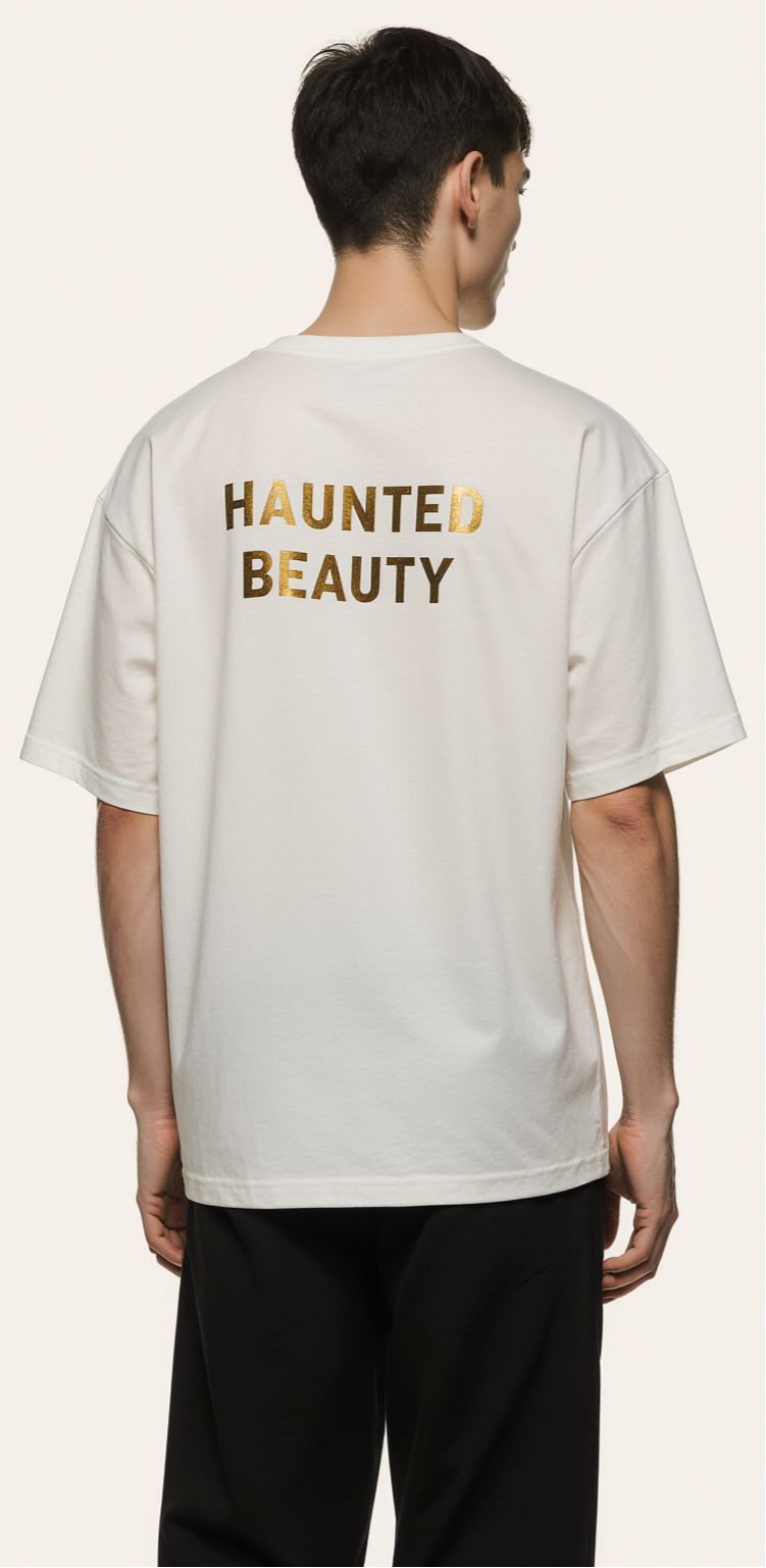 Oversized White Graphic T-Shirt – Haunted Beauty Face Print – Streetwear Luxury Tee for Men & Women