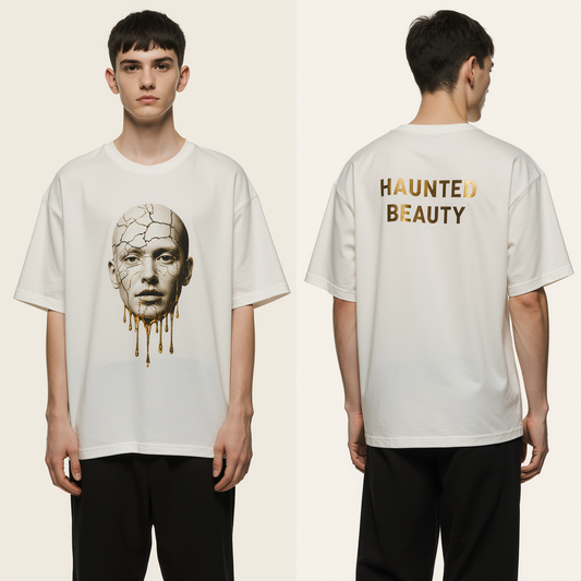 Oversized White Graphic T-Shirt – Haunted Beauty Face Print – Streetwear Luxury Tee for Men & Women