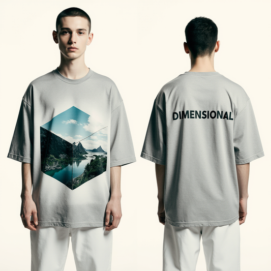 Oversized Grey T-Shirt for Men – Geometric Landscape Graphic – Streetwear "Dimensional"