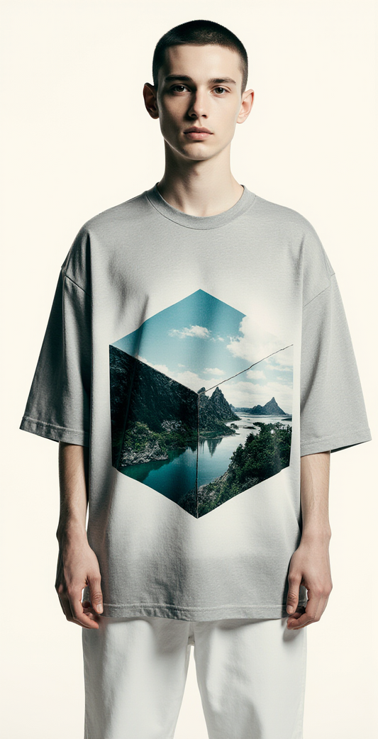 Oversized Grey T-Shirt for Men – Geometric Landscape Graphic – Streetwear "Dimensional"