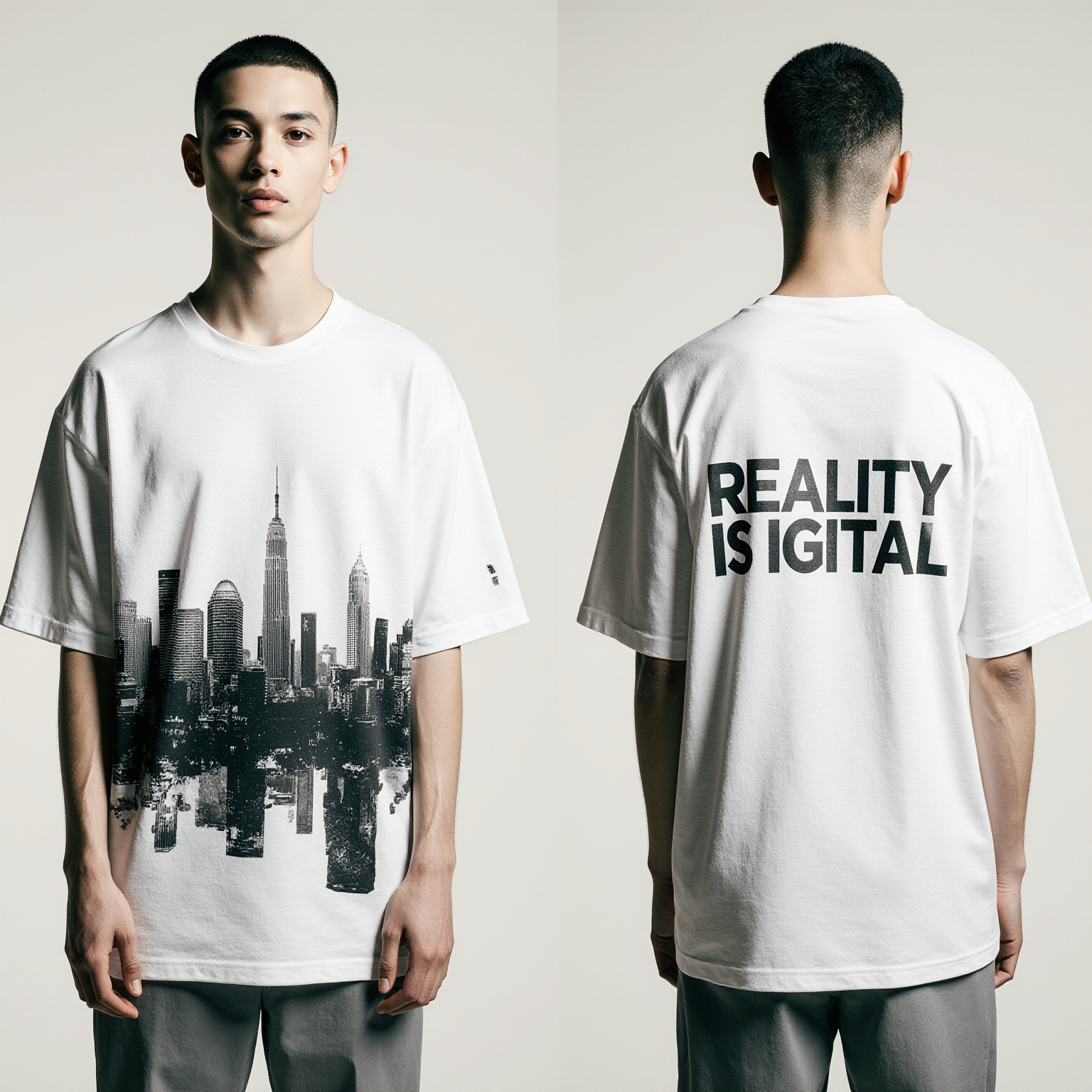 Oversized White T-Shirt "Reality is Digital" – Streetwear Graphic Tee with City Skyline Print