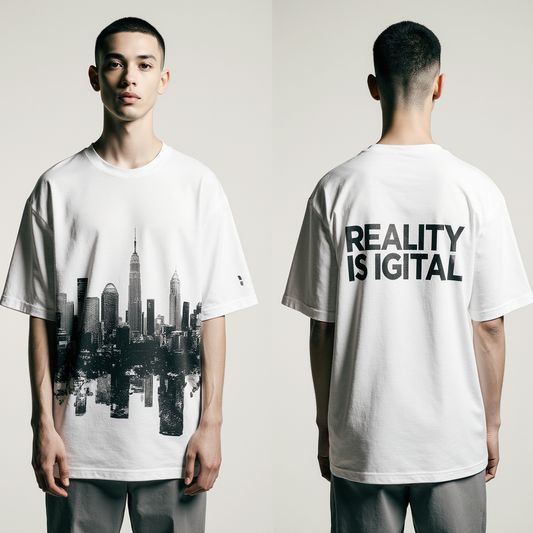 Oversized White T-Shirt "Reality is Digital" – Streetwear Graphic Tee with City Skyline Print