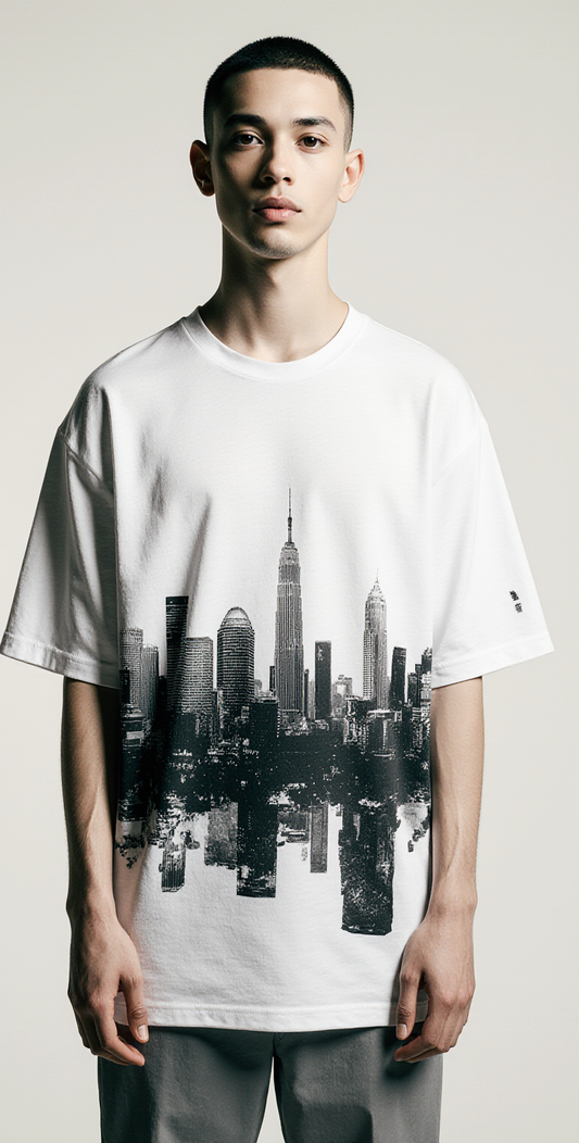 Oversized White T-Shirt "Reality is Digital" – Streetwear Graphic Tee with City Skyline Print