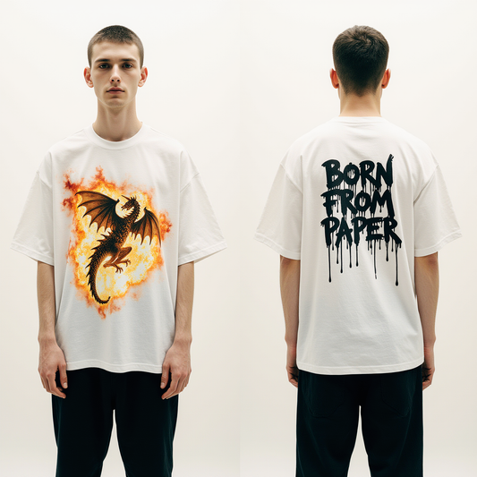 Oversized Dragon Graphic T-Shirt – Born From Paper Streetwear Oversized Tee | Fire Dragon Anime Shirt