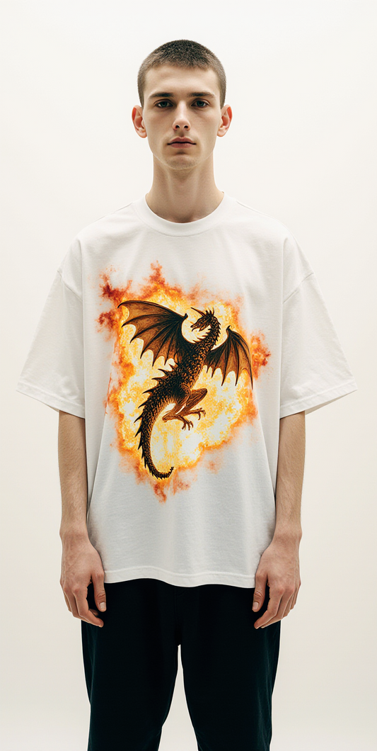 Oversized Dragon Graphic T-Shirt – Born From Paper Streetwear Oversized Tee | Fire Dragon Anime Shirt