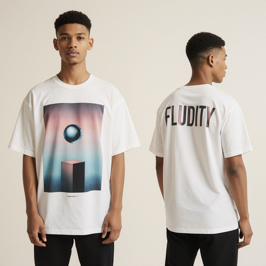 Oversized White T-Shirt "Fluidity" – Streetwear Graphic Tee with Abstract Gradient Print