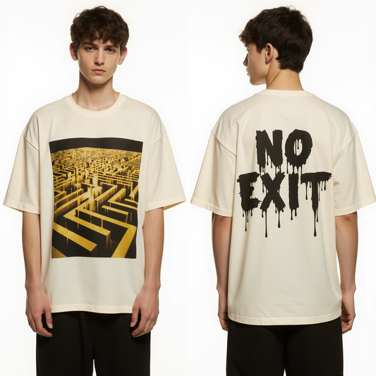 Oversized Beige T-Shirt "No Exit" – Streetwear Graphic Tee with Yellow Maze Print