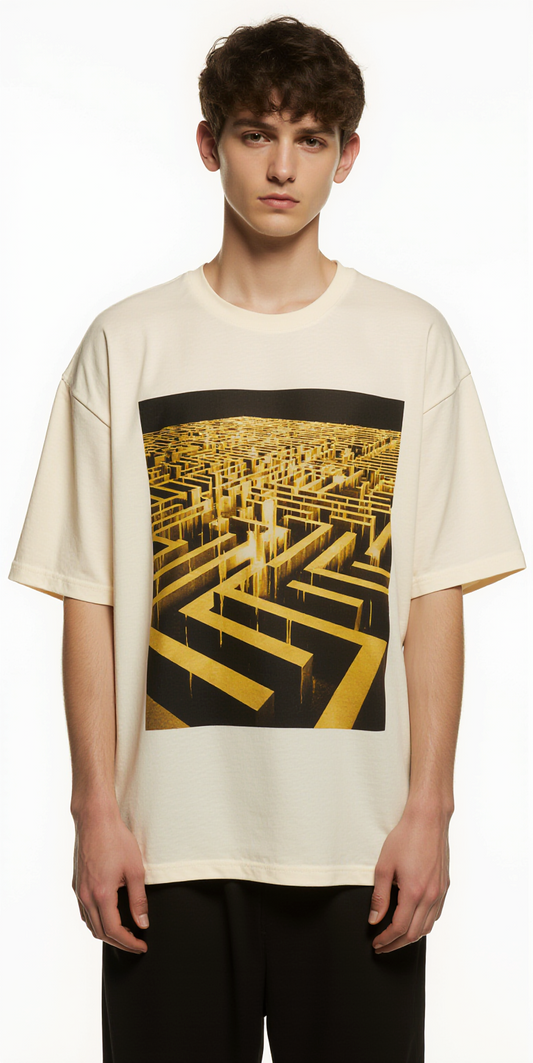 Oversized Beige T-Shirt "No Exit" – Streetwear Graphic Tee with Yellow Maze Print