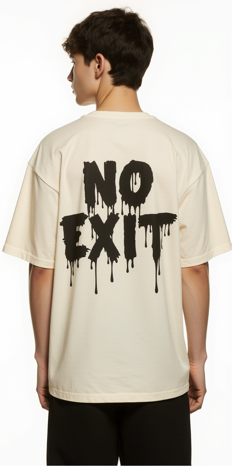 Oversized Beige T-Shirt "No Exit" – Streetwear Graphic Tee with Yellow Maze Print