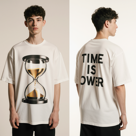 Oversized White T-Shirt "Time is Over" – Streetwear Hourglass Graphic Tee with Bold Back Print