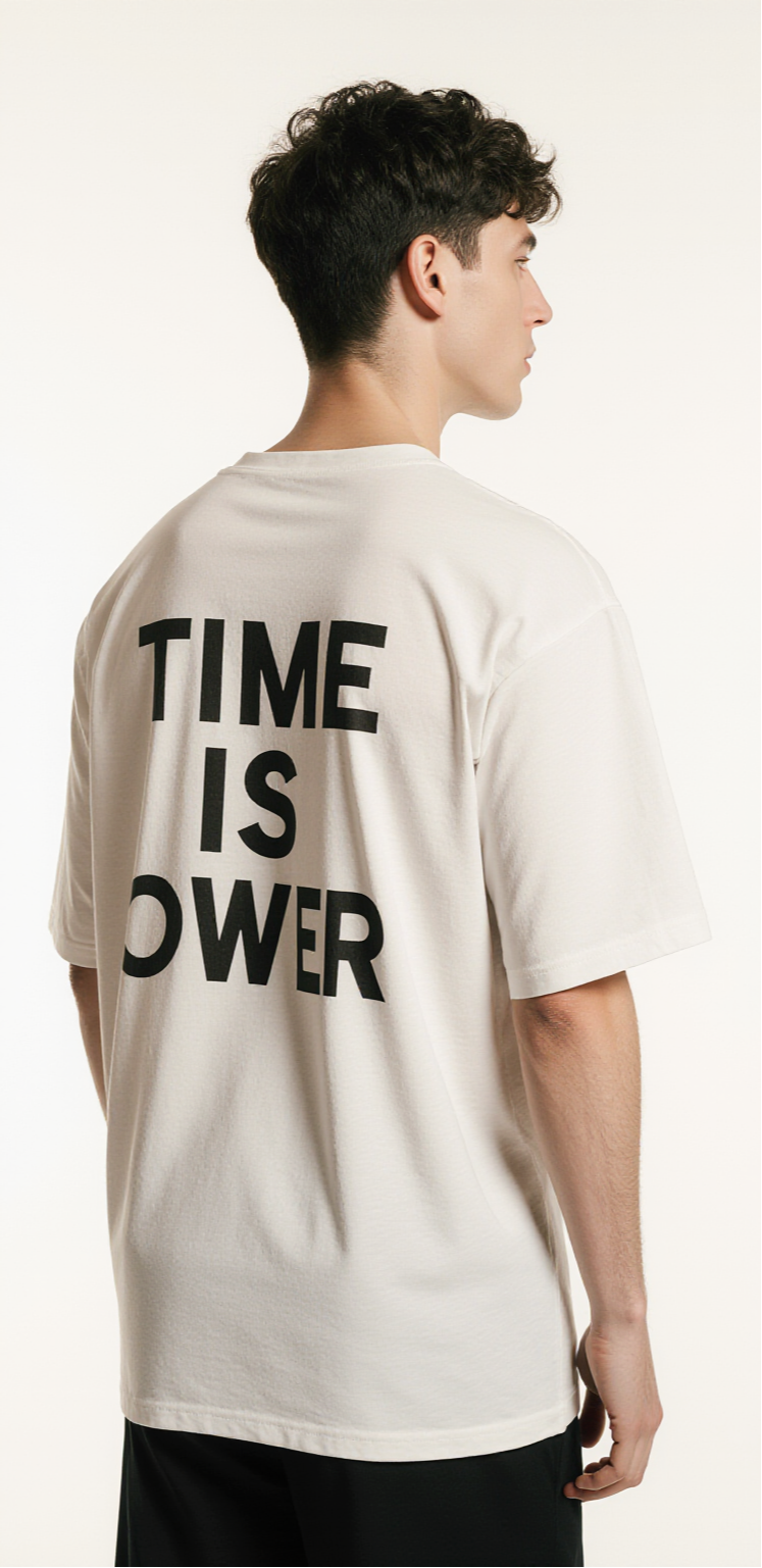 Oversized White T-Shirt "Time is Over" – Streetwear Hourglass Graphic Tee with Bold Back Print