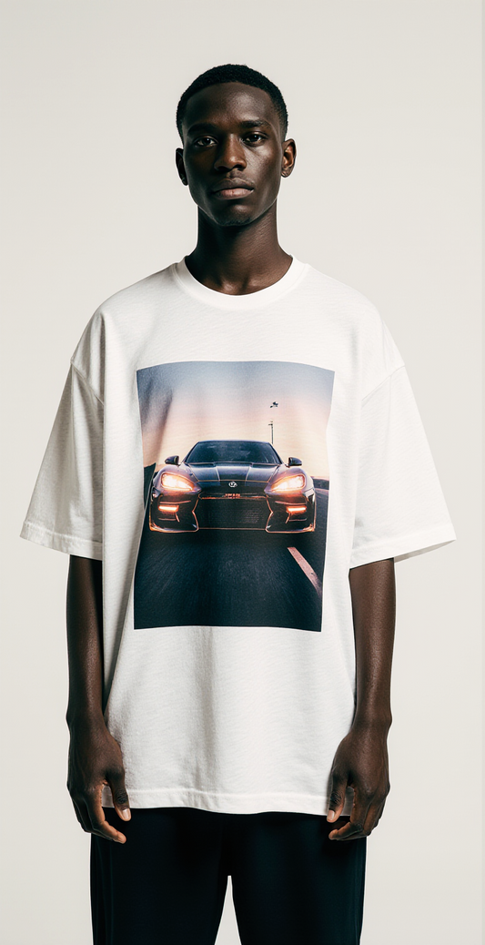 Speed Zone Oversized T-Shirt – White Streetwear Car Graphic Tee | Unisex Urban Racing Fashion